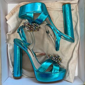 Sophia Webster : Metallic turquoise platform sandals